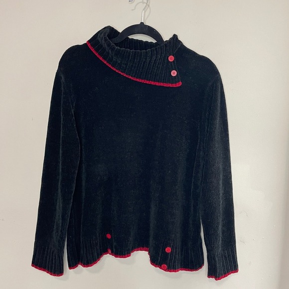 ❄️3/$20 VTG '90s DESIGNERS ORIGINALS Black Chenille Sweater Red Trim, Large - Picture 1 of 7